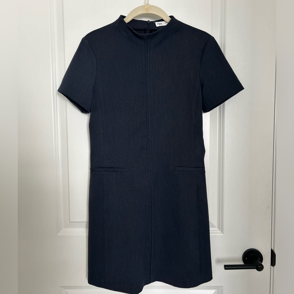 Zara Mock Neck Navy Pin Stripe Short Sleeve Mini Dress Women’s Size Small